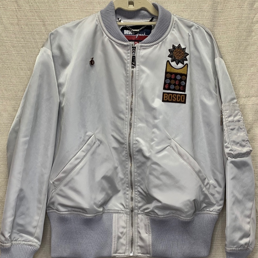Bosco Fresh Gray Bomber Jacket Appliqué Beaded Patches Made in Italy (KH117)